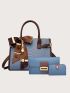 3pcs Geometric Embossed Twilly Scarf Decor Top Handle Bag Set
