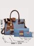 3pcs Geometric Embossed Twilly Scarf Decor Top Handle Bag Set