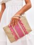 VCAY Two Tone Pom Pom Decor Straw Bag