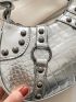 Metallic Crocodile Embossed Studded Decor Hobo Bag
