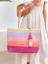 VCAY Color Block Tassel Decor Straw Bag