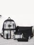 4pcs Plaid Pattern Badge Decor Functional Backpack Set