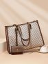 Geometric Pattern Contrast Binding Shoulder Tote Bag With Coin Purse