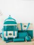 5pcs Colorblock Letter Patch Decor Functional Backpack Set