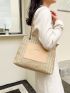 Colorblock Letter Print Grommet Eyelet Straw Bag