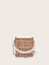 Mini Drawstring Design Pearl Strap Straw Bag