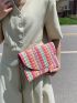 Colorblock Striped Pattern Straw Bag Chain Flap Vacation