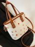 Floral Embroidered Contrast Binding Bucket Bag