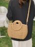 Drawstring Design Double Handle Straw Bag