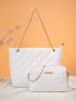 Quilted Detail Chain Shoulder Tote Bag With Square Bag