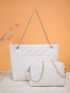 Quilted Detail Chain Shoulder Tote Bag With Square Bag