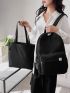 Letter Patch Classic Backpack With Shopper Bag Casual Style