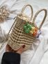 Mini Flower Decor Drawstring Design Straw Bag