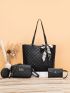 4pcs Twilly Scarf Decor Quilted Tote Bag Set, Best Work Bag For Women