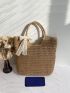 Women's Simple Straw Bag, Stylish Handbag For Travel, Large Tote Bag For Outdoor Twilly Scarf Decor Straw Bag