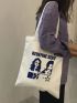 Figure & Letter Print Shopper Bag Canvas Casual