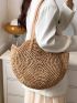 Hollow-Out Straw Handbag, Fashion Woven Beach Bag, Round Large Capacity Shoulder Bag