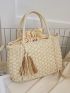 Tassel & Faux Pearl Decor Drawstring Design Straw Bag