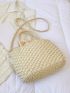 Tassel & Faux Pearl Decor Drawstring Design Straw Bag