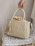 Tassel & Faux Pearl Decor Drawstring Design Straw Bag