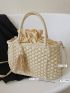 Tassel & Faux Pearl Decor Drawstring Design Straw Bag