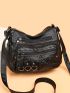 Braid Detail Crossbody Bag, Fashion Metal Decor Crossbody Bag, Women's Soft Artificial Leather Purse With Multi Zipper