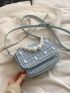Mini Faux Pearl Decor Plaid Pattern Flap Saddle Bag
