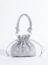 Mini Rhinestone Decor Drawstring Design Bucket Bag, Perfect Bride Purse For Wedding, Prom & Party Events