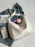 Letter Embroidered Litchi Embossed Hobo Bag With Bag Charm