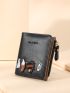 Letter Detail Small Wallet Animal Embroidered Snap Button Zipper Bifold