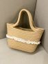 Contrast Lace Straw Bucket Bag