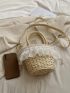 Mini Ruffle Decor Satchel Drawstring Design Straw Bag