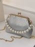 Metallic Faux Pearl Decor Kiss Lock Satchel Bag