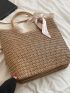 Minimalist Straw Bag Bow Decor Double Handle Tote Bag