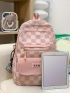 Plaid Pattern Functional Backpack Letter Patch Decor Laptop Backpack With Bag Charm