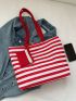 Neon Red Tote Bag Striped Pattern Shopper Bag With Purse