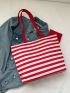 Neon Red Tote Bag Striped Pattern Shopper Bag With Purse
