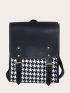 Houndstooth Pattern Flap Backpack Colorblock Fashionable Buckle Decor For Daily