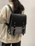 Houndstooth Pattern Flap Backpack Colorblock Fashionable Buckle Decor For Daily