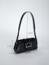 Black Baguette Bag Buckle Decor Top Handle For Daily