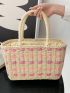 Vacation Straw Bag With Double Handle Color Block Drawstring For Beach
