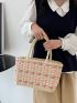 Vacation Straw Bag With Double Handle Color Block Drawstring For Beach