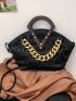 Chain Decor Top Handle Bag Ruched PU Black For Daily Life