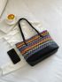 Medium Straw Bag Colorblock Geometric Pattern