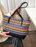 Medium Straw Bag Colorblock Geometric Pattern