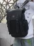 PU Flap Backpack Buckle & Letter Patch Decor Stitch Detail Vintage