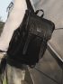 PU Flap Backpack Buckle & Letter Patch Decor Stitch Detail Vintage