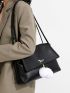 Pom Pom Decor Shoulder Tote Bag Flap Small Black