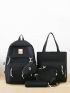 4Pcs Bag Set Classic Backpack Letter Patch Decor With Zipper