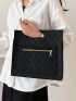 Black Square Bag Fashionable Plaid Embossed Polyester For Work